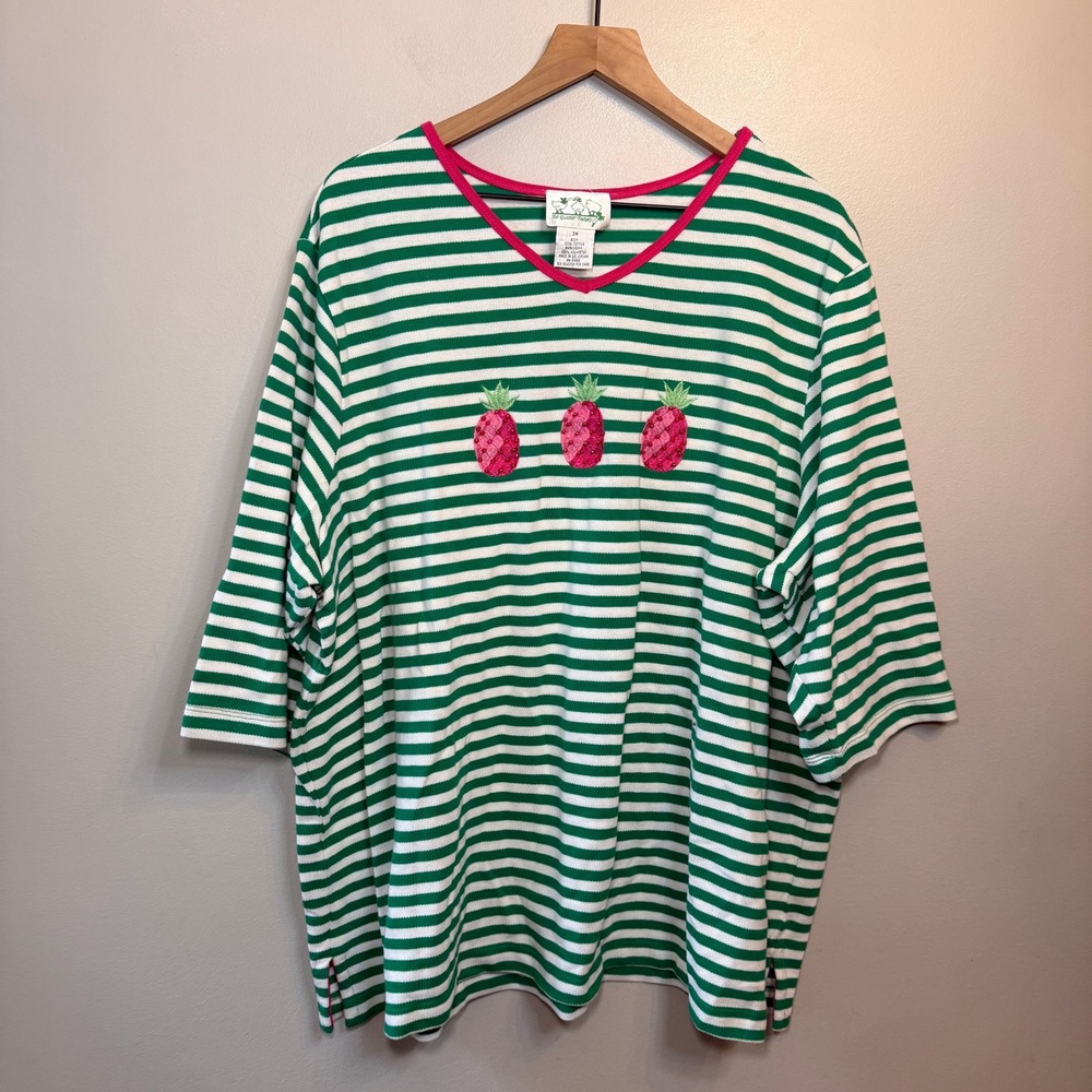Quacker Factory Women's Striped Beaded Pineapple Knit V-Neck Top Size 3X